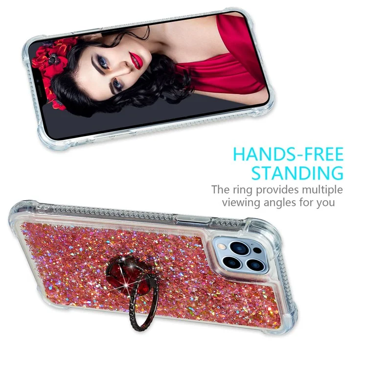 Per iPhone 15 Pro Max Anti-Scratch TPU Phone Case Ring Holder Kickstand Liquid Quicksand Sequin Phone Cover - Rose Gold