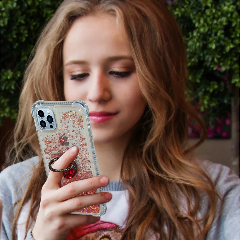 Per iPhone 15 Pro Max Anti-Scratch TPU Phone Case Ring Holder Kickstand Liquid Quicksand Sequin Phone Cover - Rose Gold