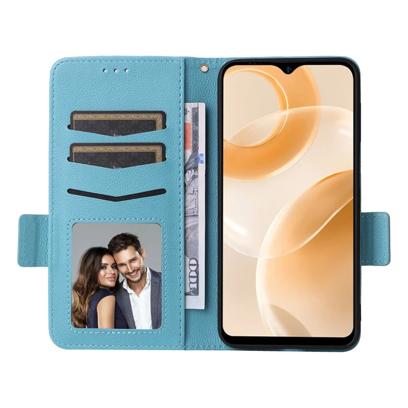 For Ulefone Note 15 Litchi Texture Phone Case PU Leather Wallet Stand Anti-Drop Cover with Strap - Baby Blue