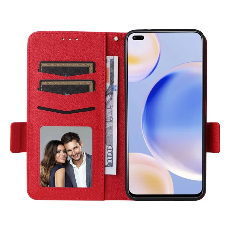 For Wiko Hi Enjoy 60 Pro 5G Wallet Phone Case Litchi Texture PU Leather Anti-Drop Stand Cover with Strap - Red