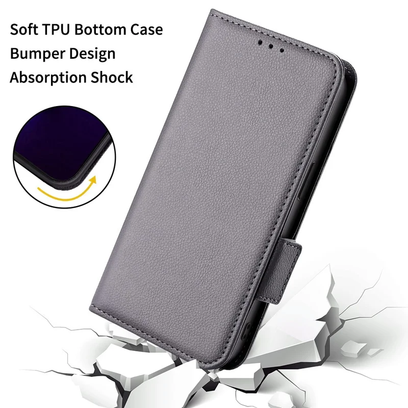 For Wiko Hi Enjoy 60 Pro 5G Wallet Phone Case Litchi Texture PU Leather Anti-Drop Stand Cover with Strap - Grey