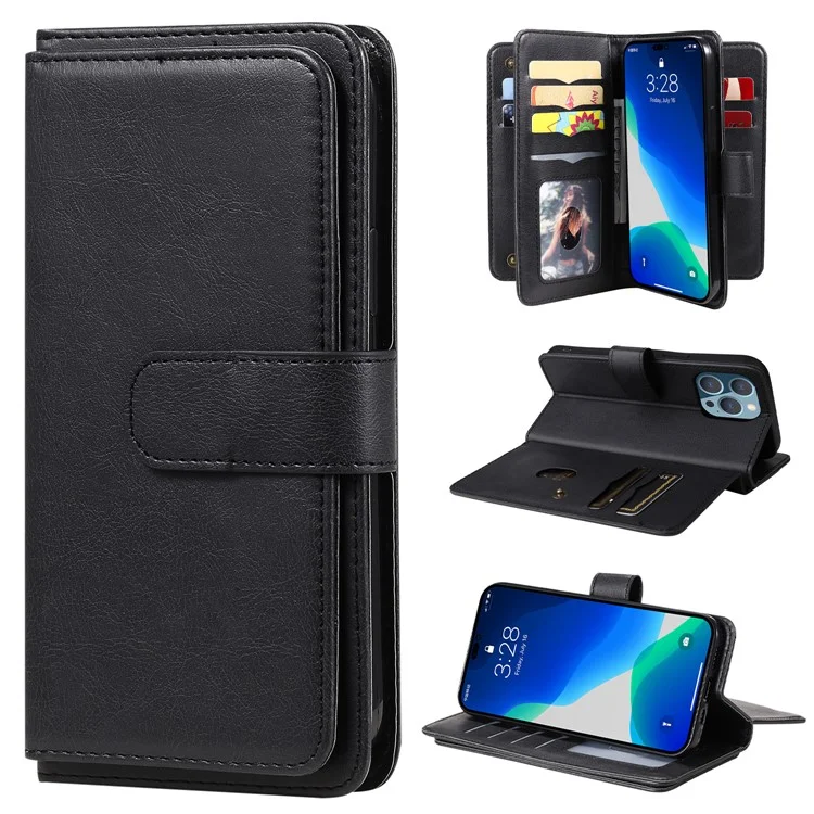 For iPhone 15 Pro Leather Case with 10 Card Holder Phone Cover Stand - Black