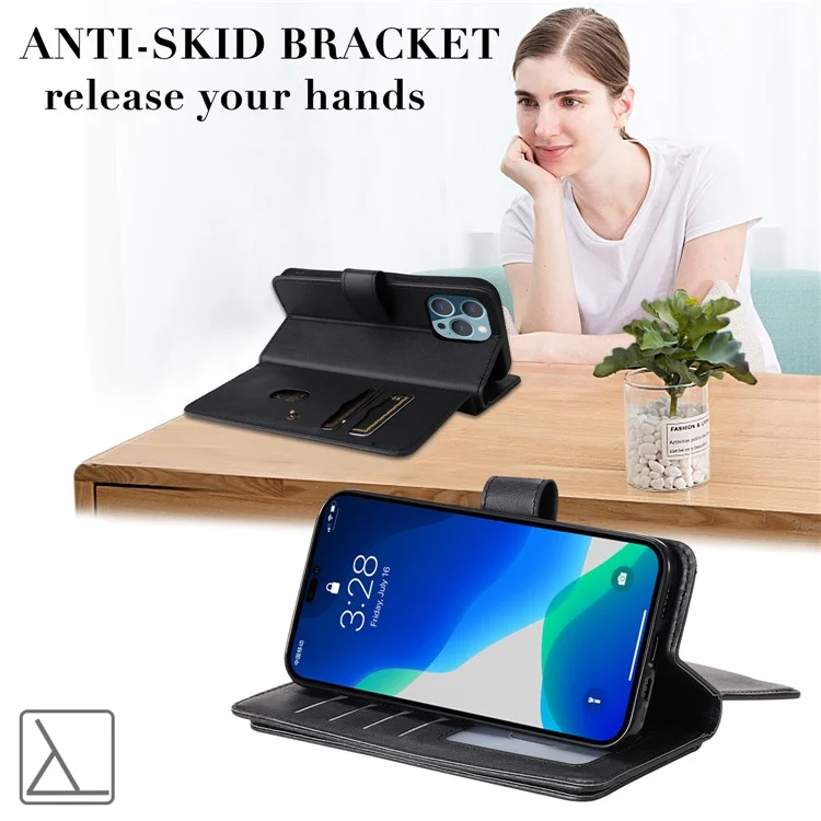 For iPhone 15 Pro Leather Case with 10 Card Holder Phone Cover Stand - Black