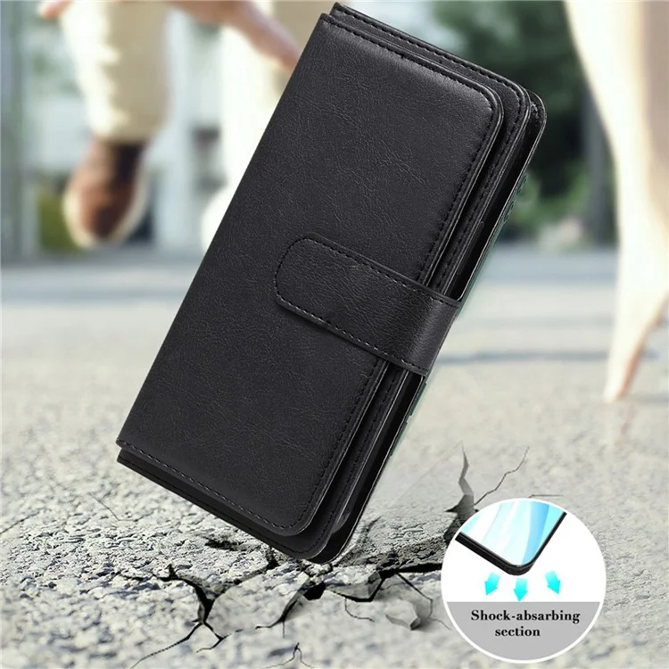 For iPhone 15 Pro Leather Case with 10 Card Holder Phone Cover Stand - Black