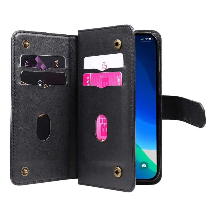 For iPhone 15 Pro Leather Case with 10 Card Holder Phone Cover Stand - Black