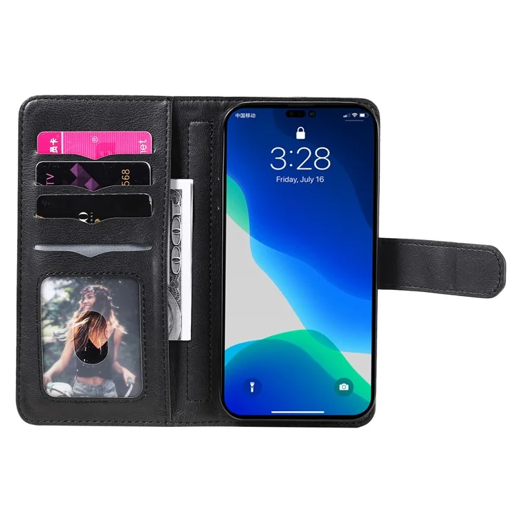For iPhone 15 Pro Leather Case with 10 Card Holder Phone Cover Stand - Black