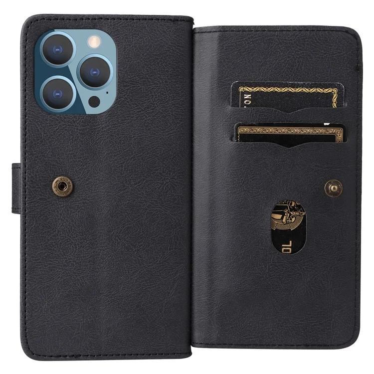 For iPhone 15 Pro Leather Case with 10 Card Holder Phone Cover Stand - Black