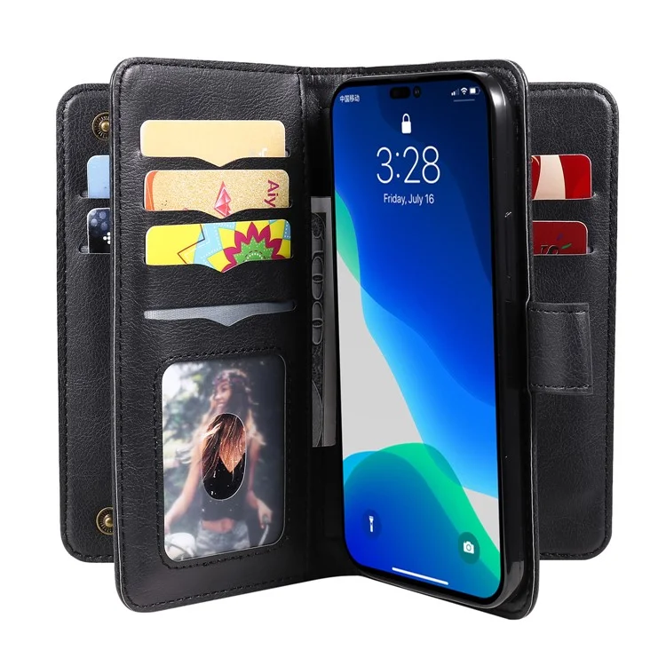 For iPhone 15 Pro Leather Case with 10 Card Holder Phone Cover Stand - Black
