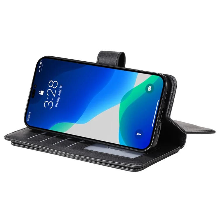 For iPhone 15 Pro Leather Case with 10 Card Holder Phone Cover Stand - Black
