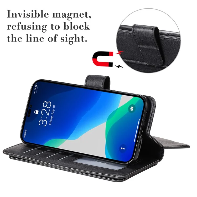 For iPhone 15 Pro Leather Case with 10 Card Holder Phone Cover Stand - Black