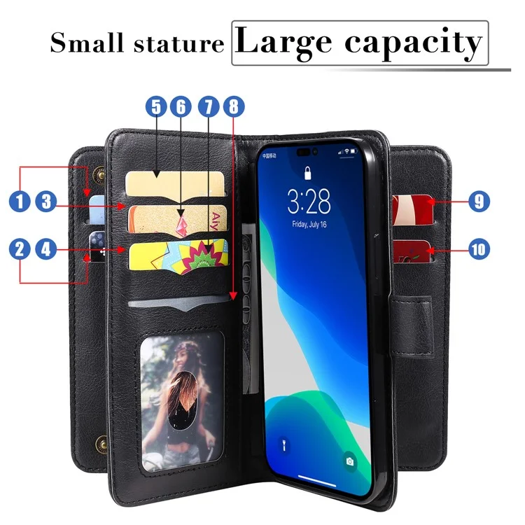 For iPhone 15 Pro Leather Case with 10 Card Holder Phone Cover Stand - Black