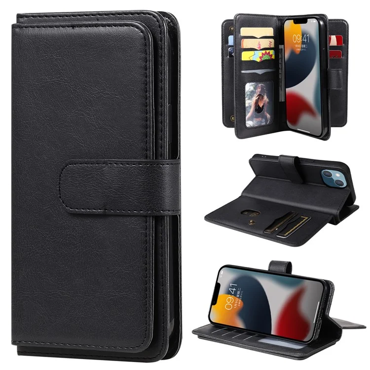 KT Multi-functional Series-1 Pour iPhone 15 Flip Stand Phone Case 10 Fentes Pour Cartes Couverture Portefeuille En Cuir - Noir