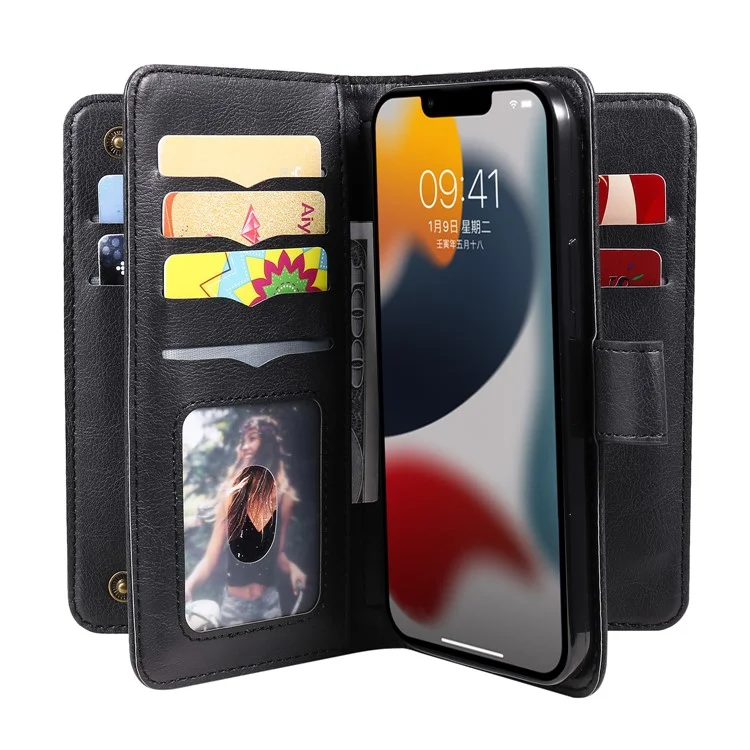 KT Multi-functional Series-1 Pour iPhone 15 Flip Stand Phone Case 10 Fentes Pour Cartes Couverture Portefeuille En Cuir - Noir