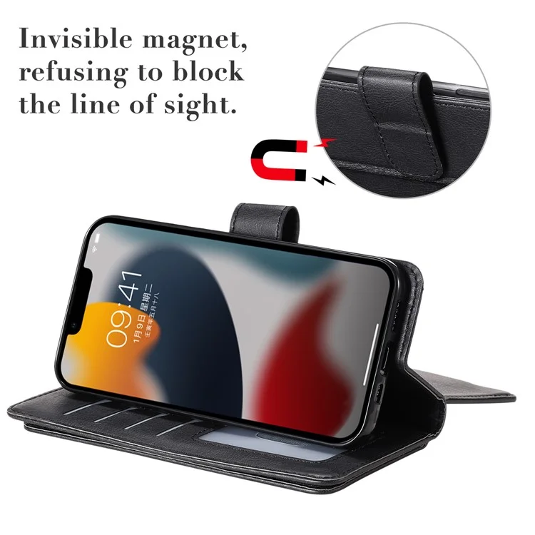 KT Multi-functional Series-1 Pour iPhone 15 Flip Stand Phone Case 10 Fentes Pour Cartes Couverture Portefeuille En Cuir - Noir