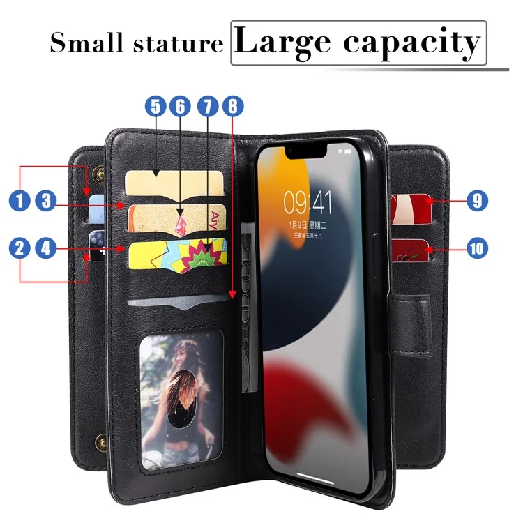 KT Multi-functional Series-1 Pour iPhone 15 Flip Stand Phone Case 10 Fentes Pour Cartes Couverture Portefeuille En Cuir - Noir