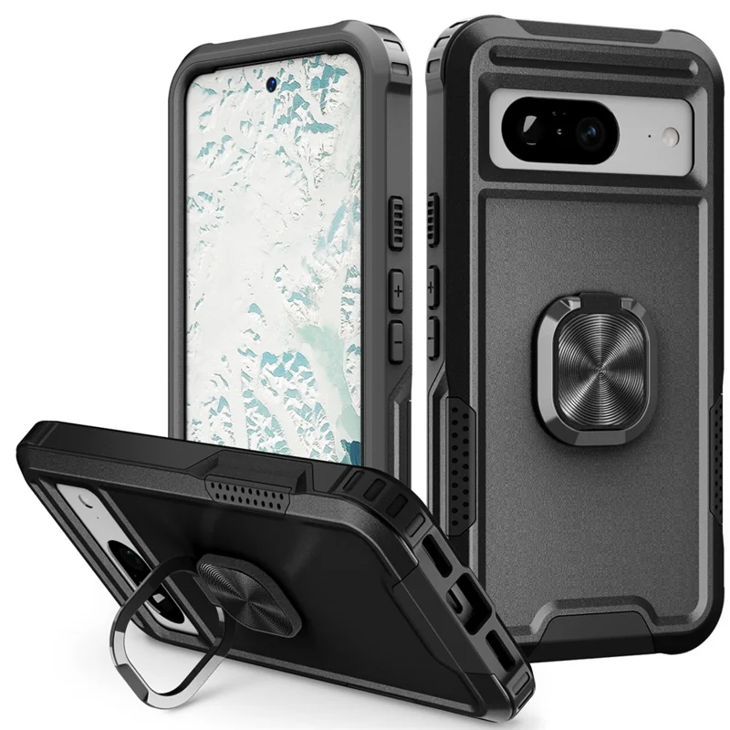 Ringstandaard telefoonhoesje voor Google Pixel 8 - Harde PC en zachte TPU beschermhoes - Zwart