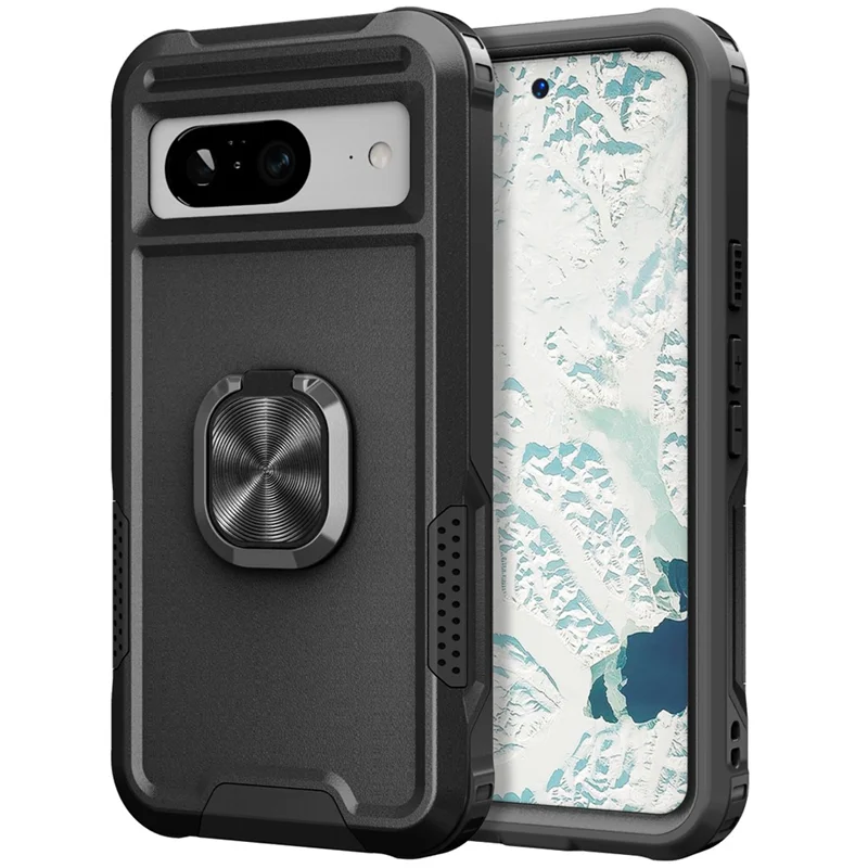 Ringstandaard telefoonhoesje voor Google Pixel 8 - Harde PC en zachte TPU beschermhoes - Zwart
