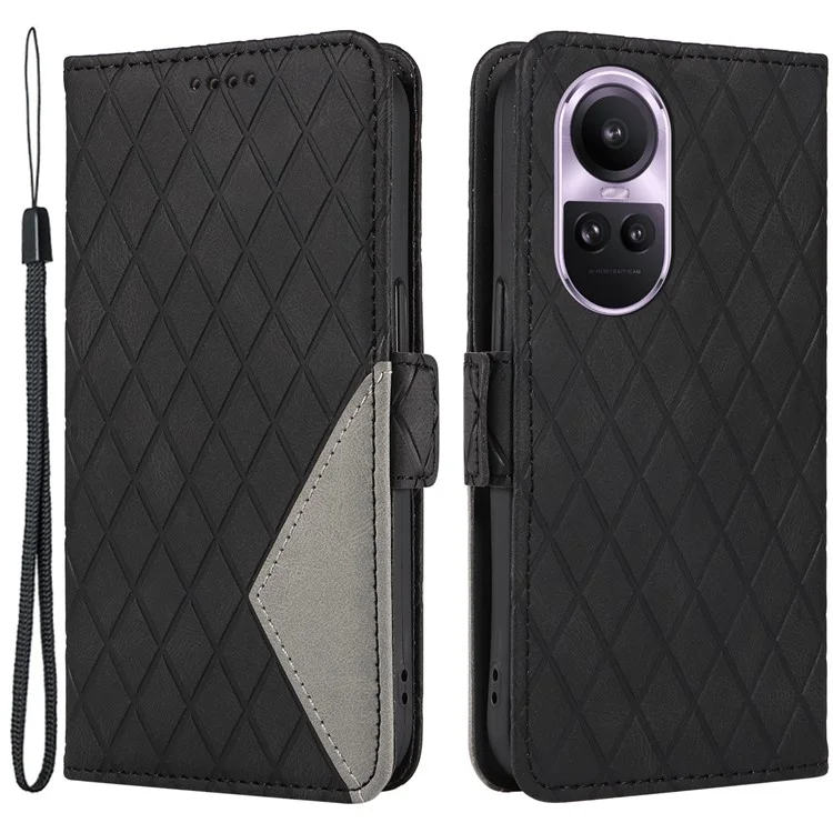 Para Oppo Reno10 5G (Global) / Reno10 Pro 5G (Global) Estuche de teléfono tipo cartera con diseño de rombo grabado en piel, con soporte - Negro
