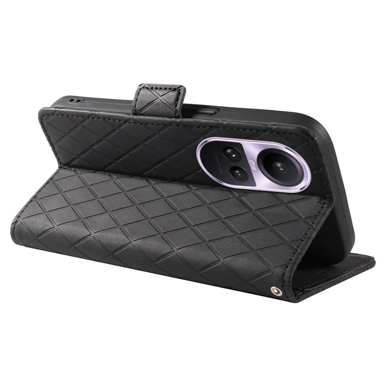 Para Oppo Reno10 5G (Global) / Reno10 Pro 5G (Global) Estuche de teléfono tipo cartera con diseño de rombo grabado en piel, con soporte - Negro