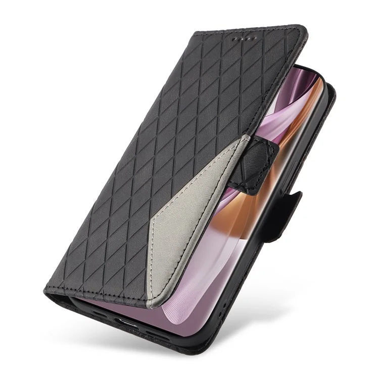 Para Oppo Reno10 5G (Global) / Reno10 Pro 5G (Global) Estuche de teléfono tipo cartera con diseño de rombo grabado en piel, con soporte - Negro