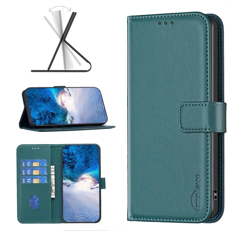 BINFEN COLOR BF17 Lederbrieftasche für Oppo A58 4G, Ständer, magnetischer Verschluss, Schutzhülle - Grün
