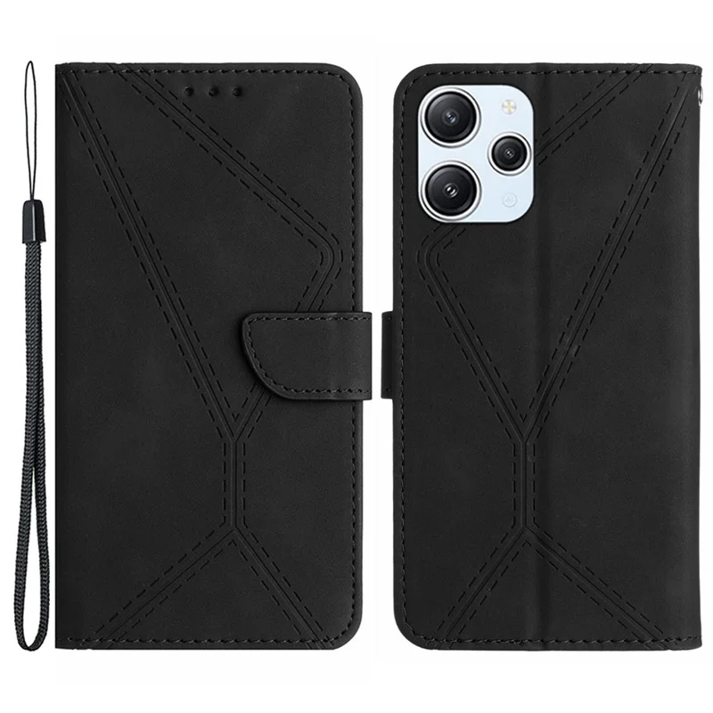 HT05 Line Imprinted Leather Flip Cover for Xiaomi Redmi 12 5G (Global) / Poco M6 Pro 5G Anti-Fall Wallet Stand Phone Case - Black