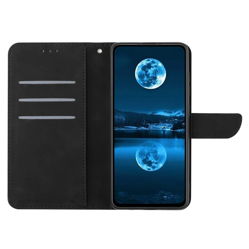 HT05 Line Imprinted Leather Flip Cover for Xiaomi Redmi 12 5G (Global) / Poco M6 Pro 5G Anti-Fall Wallet Stand Phone Case - Black