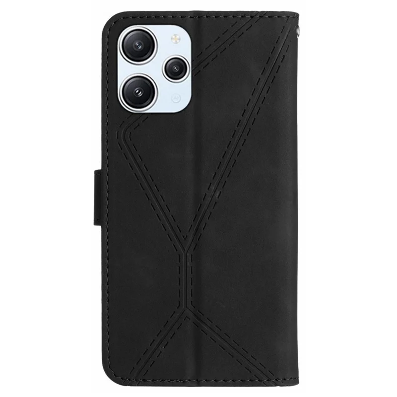 HT05 Line Imprinted Leather Flip Cover for Xiaomi Redmi 12 5G (Global) / Poco M6 Pro 5G Anti-Fall Wallet Stand Phone Case - Black