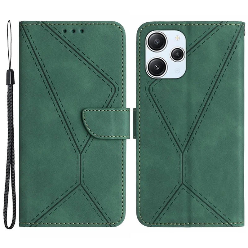 HT05 Line Imprinted Leather Flip Cover for Xiaomi Redmi 12 5G (Global) / Poco M6 Pro 5G Anti-Fall Wallet Stand Phone Case - Green
