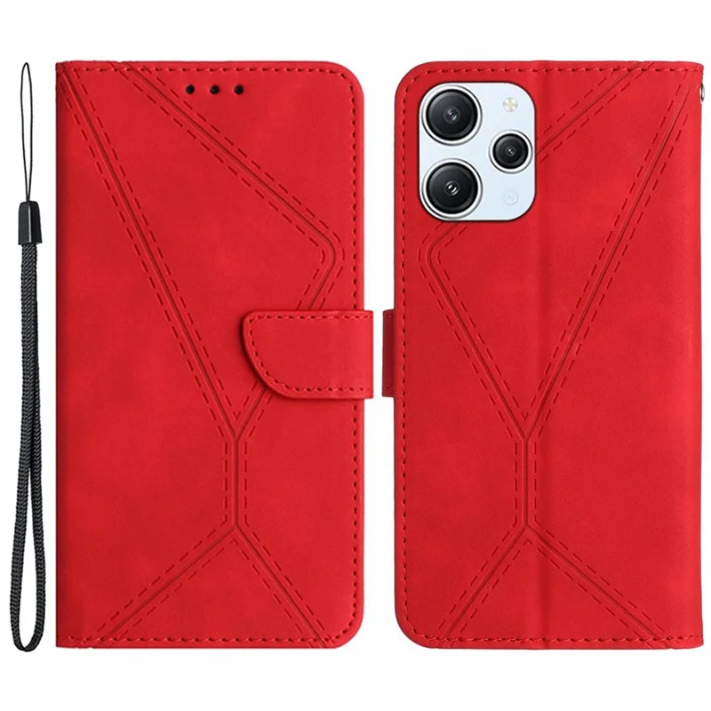 HT05 Line Imprinted Leather Flip Cover for Xiaomi Redmi 12 5G (Global) / Poco M6 Pro 5G Anti-Fall Wallet Stand Phone Case - Red