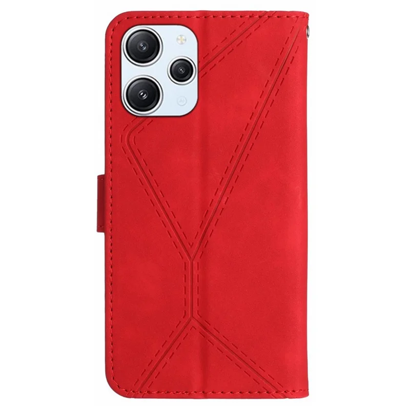 HT05 Line Imprinted Leather Flip Cover for Xiaomi Redmi 12 5G (Global) / Poco M6 Pro 5G Anti-Fall Wallet Stand Phone Case - Red