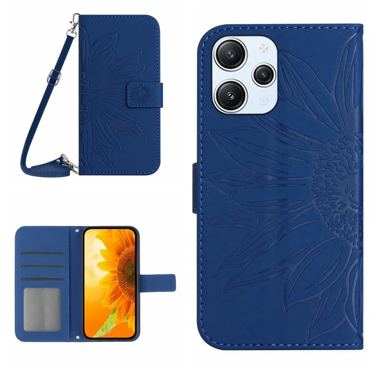 HT04 für Xiaomi Redmi 12 5G (Global) / Poco M6 Pro 5G Leder-Geldbörsen-Handyhülle mit Sonnenblumen-Prägung, Ständer und Schulterriemen - Saphir