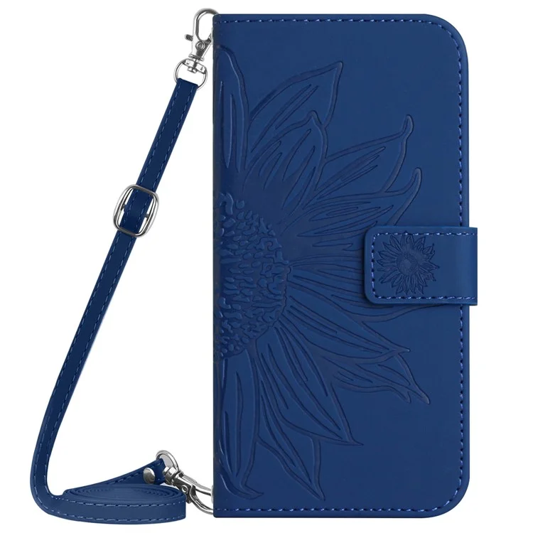 HT04 für Xiaomi Redmi 12 5G (Global) / Poco M6 Pro 5G Leder-Geldbörsen-Handyhülle mit Sonnenblumen-Prägung, Ständer und Schulterriemen - Saphir