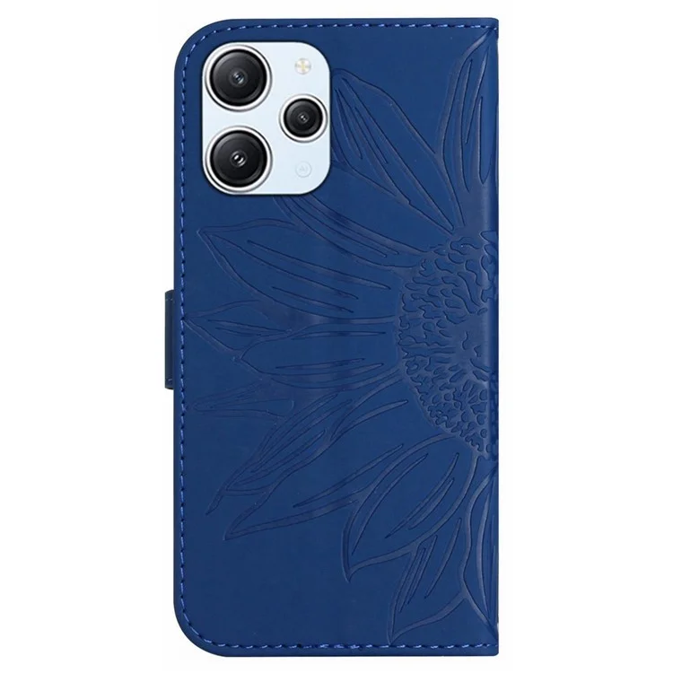 HT04 für Xiaomi Redmi 12 5G (Global) / Poco M6 Pro 5G Leder-Geldbörsen-Handyhülle mit Sonnenblumen-Prägung, Ständer und Schulterriemen - Saphir