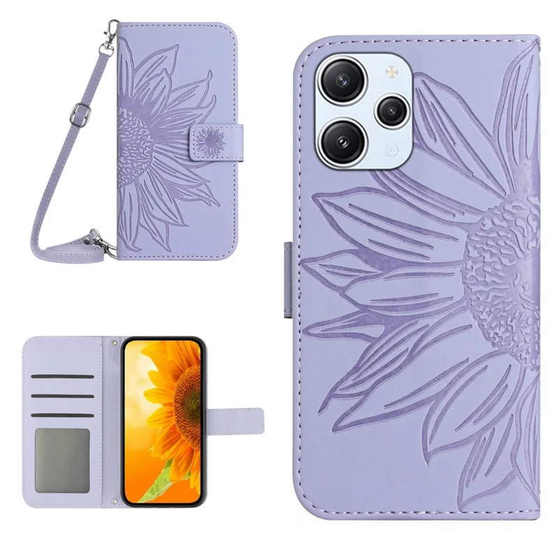 HT04 Para Xiaomi Redmi 12 5G (Global) / Poco M6 Pro 5G Capa de Carteira de Couro Telefone Sunflower Imprint Stand Cover com Alça de Ombro - Roxo Claro