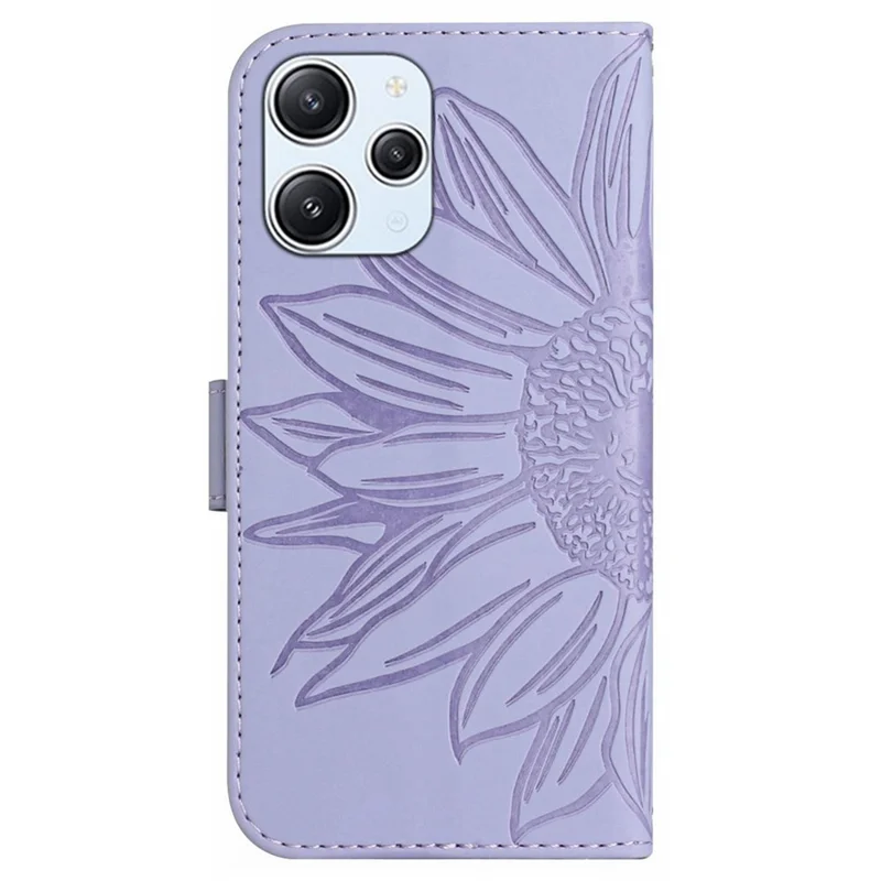 HT04 Para Xiaomi Redmi 12 5G (Global) / Poco M6 Pro 5G Capa de Carteira de Couro Telefone Sunflower Imprint Stand Cover com Alça de Ombro - Roxo Claro