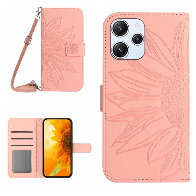HT04 Per Xiaomi Redmi 12 5G (Global) / Poco M6 Pro 5G Custodia Wallet in Pelle Imprimatura a Girasole Cover con Supporto e Tracolla - Rosa Chiaro