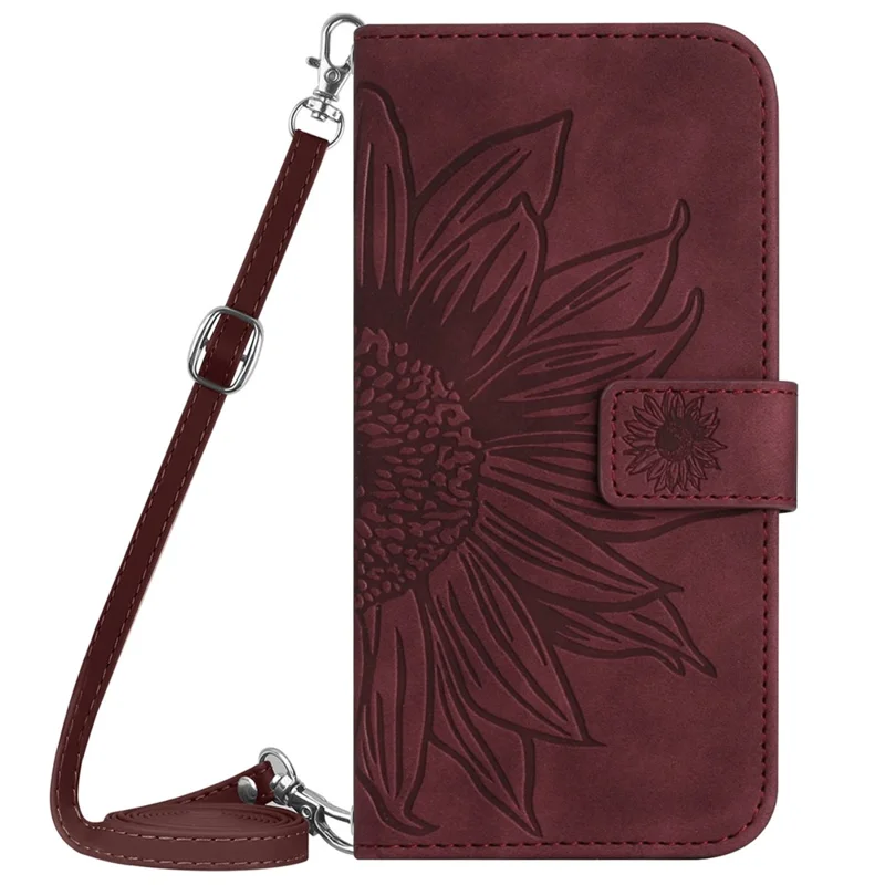HT04 Para Xiaomi Redmi 12 5G (Global) / Poco M6 Pro 5G Capa de Carteira de Couro com Estampa de Girassol, com Suporte e Alça de Ombro - Vermelho Vinho
