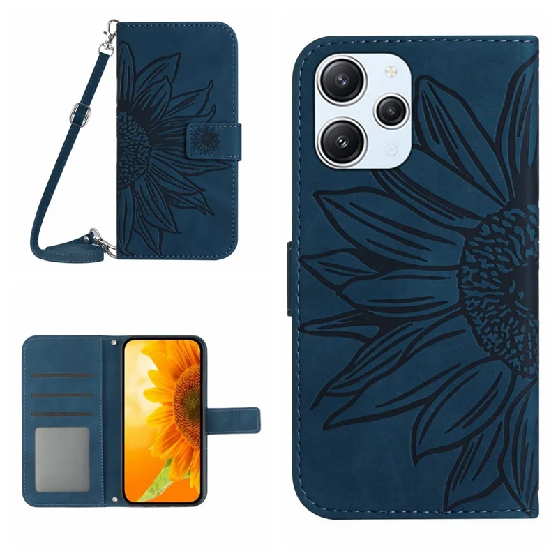 HT04 für Xiaomi Redmi 12 5G (Global) / Poco M6 Pro 5G Lederbrieftasche Handyhülle Sonnenblumenprägung Ständer Cover mit Schultergurt - Dunkelblau