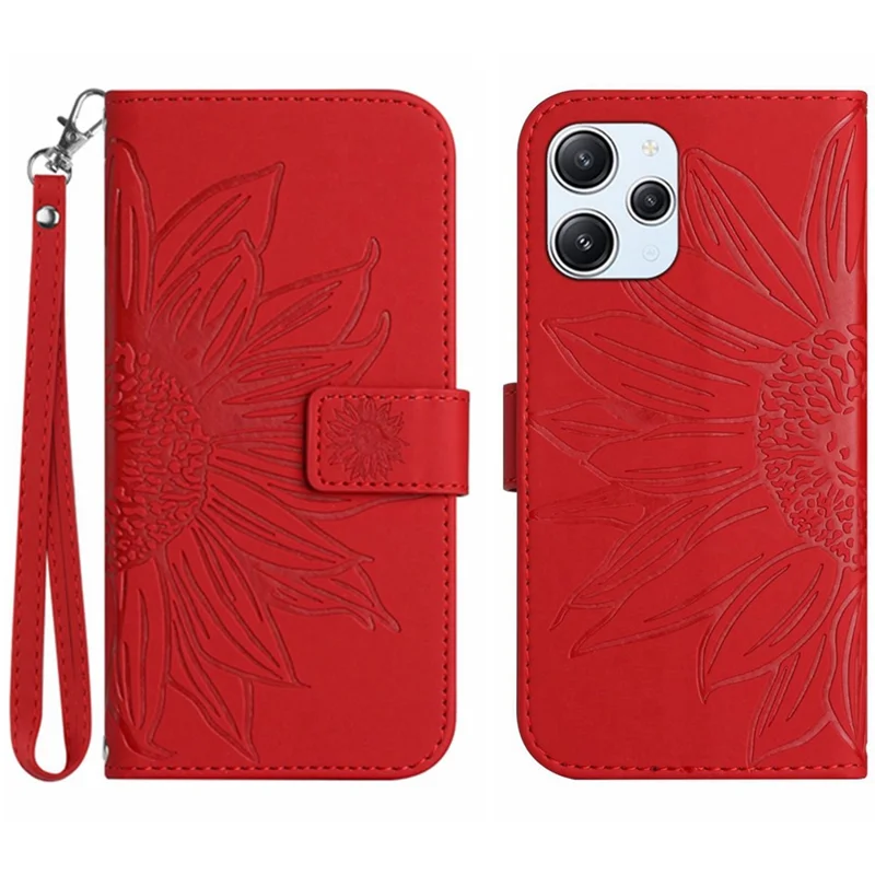 HT04 For Xiaomi Redmi 12 5G (Global) / Poco M6 Pro 5G Sunflower Imprint Smartphone Cover Leather Wallet Stand Case with Hand Strap - Red