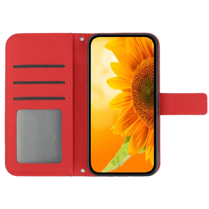 HT04 For Xiaomi Redmi 12 5G (Global) / Poco M6 Pro 5G Sunflower Imprint Smartphone Cover Leather Wallet Stand Case with Hand Strap - Red