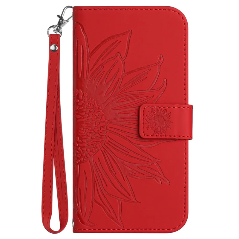 HT04 For Xiaomi Redmi 12 5G (Global) / Poco M6 Pro 5G Sunflower Imprint Smartphone Cover Leather Wallet Stand Case with Hand Strap - Red