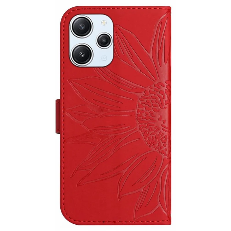 HT04 For Xiaomi Redmi 12 5G (Global) / Poco M6 Pro 5G Sunflower Imprint Smartphone Cover Leather Wallet Stand Case with Hand Strap - Red