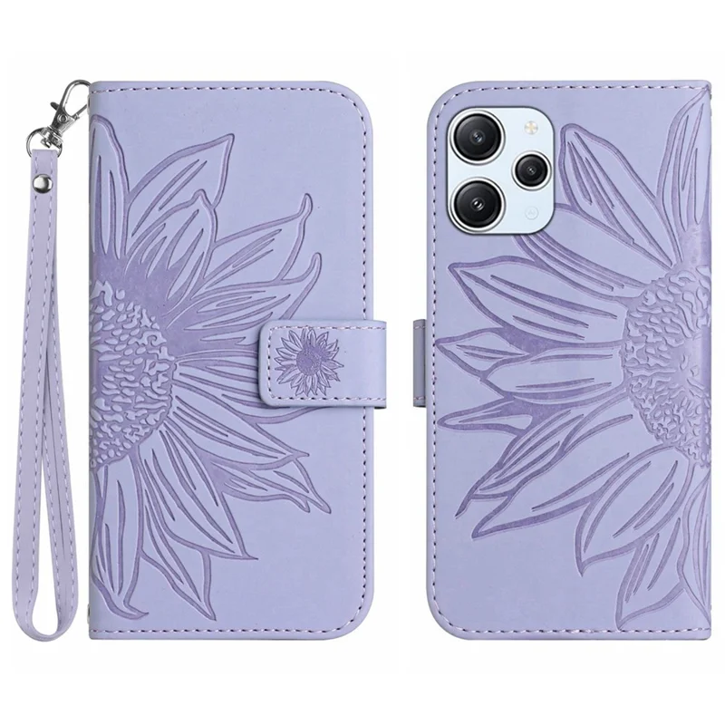 HT04 til Xiaomi Redmi 12 5G (Global) / Poco M6 Pro 5G Solblomsteraftryk Smartphone Cover Læder Wallet Stående Etui med håndloe - Lyselilla