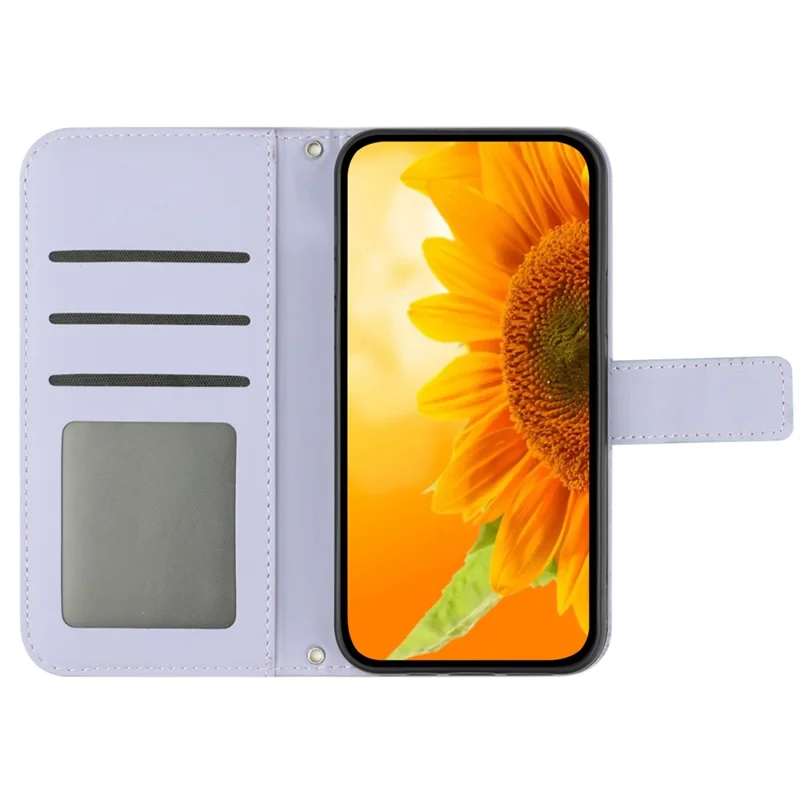 HT04 til Xiaomi Redmi 12 5G (Global) / Poco M6 Pro 5G Solblomsteraftryk Smartphone Cover Læder Wallet Stående Etui med håndloe - Lyselilla