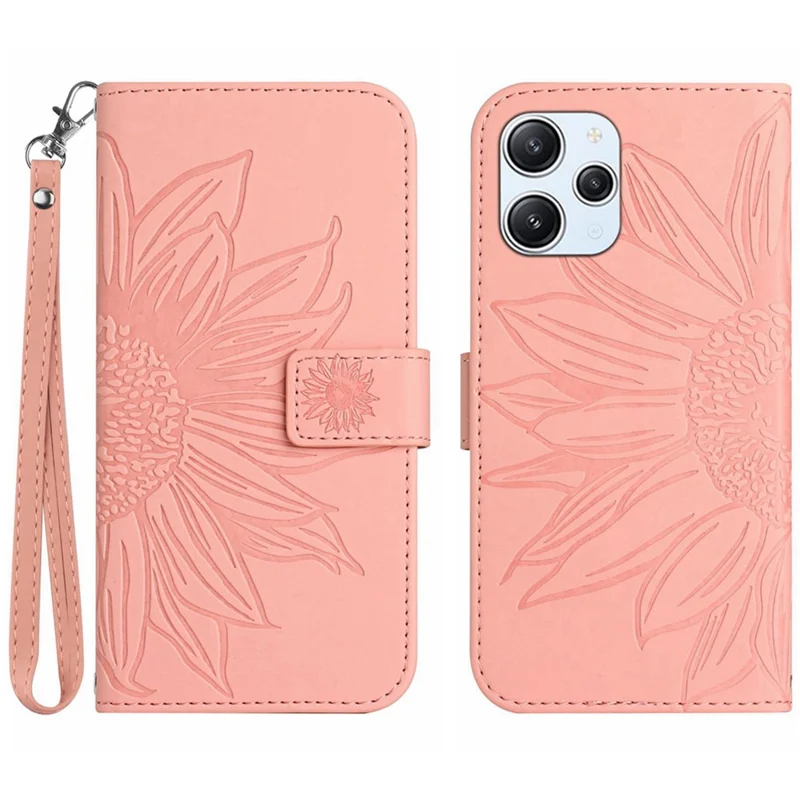 HT04 Für Xiaomi Redmi 12 5G (Global) / Poco M6 Pro 5G Sonnenblumen-Prägung Smartphone-Hülle Leder-Brieftasche Ständer-Hülle mit Handschlaufe - Hellrosa