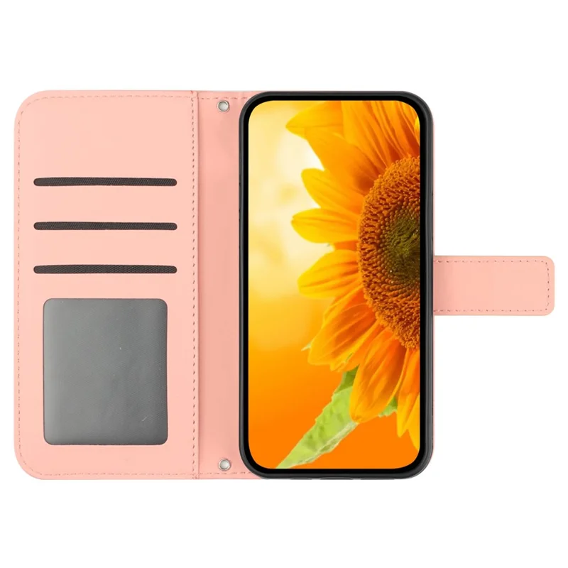 HT04 Für Xiaomi Redmi 12 5G (Global) / Poco M6 Pro 5G Sonnenblumen-Prägung Smartphone-Hülle Leder-Brieftasche Ständer-Hülle mit Handschlaufe - Hellrosa
