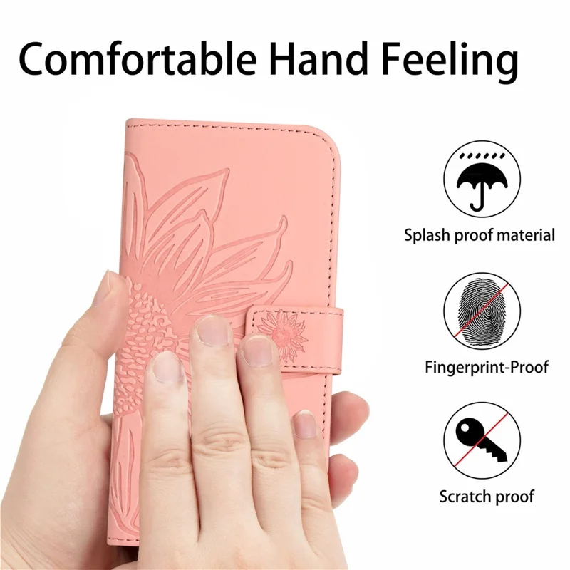 HT04 Für Xiaomi Redmi 12 5G (Global) / Poco M6 Pro 5G Sonnenblumen-Prägung Smartphone-Hülle Leder-Brieftasche Ständer-Hülle mit Handschlaufe - Hellrosa
