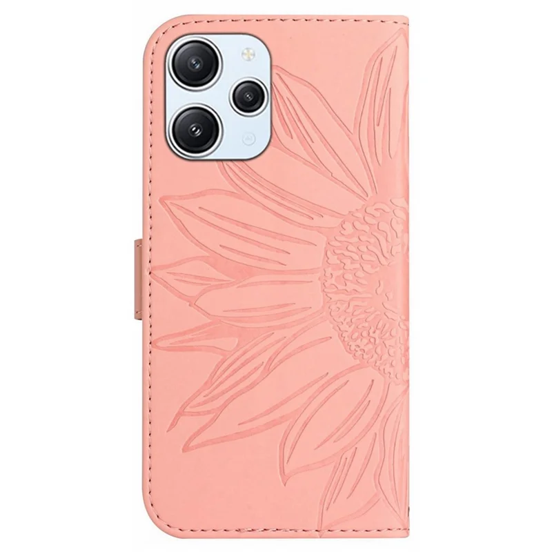 HT04 Für Xiaomi Redmi 12 5G (Global) / Poco M6 Pro 5G Sonnenblumen-Prägung Smartphone-Hülle Leder-Brieftasche Ständer-Hülle mit Handschlaufe - Hellrosa