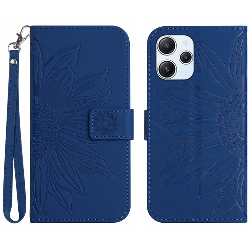 HT04 For Xiaomi Redmi 12 5G (Global) / Poco M6 Pro 5G Sunflower Imprint Smartphone Cover Leather Wallet Stand Case with Hand Strap - Sapphire